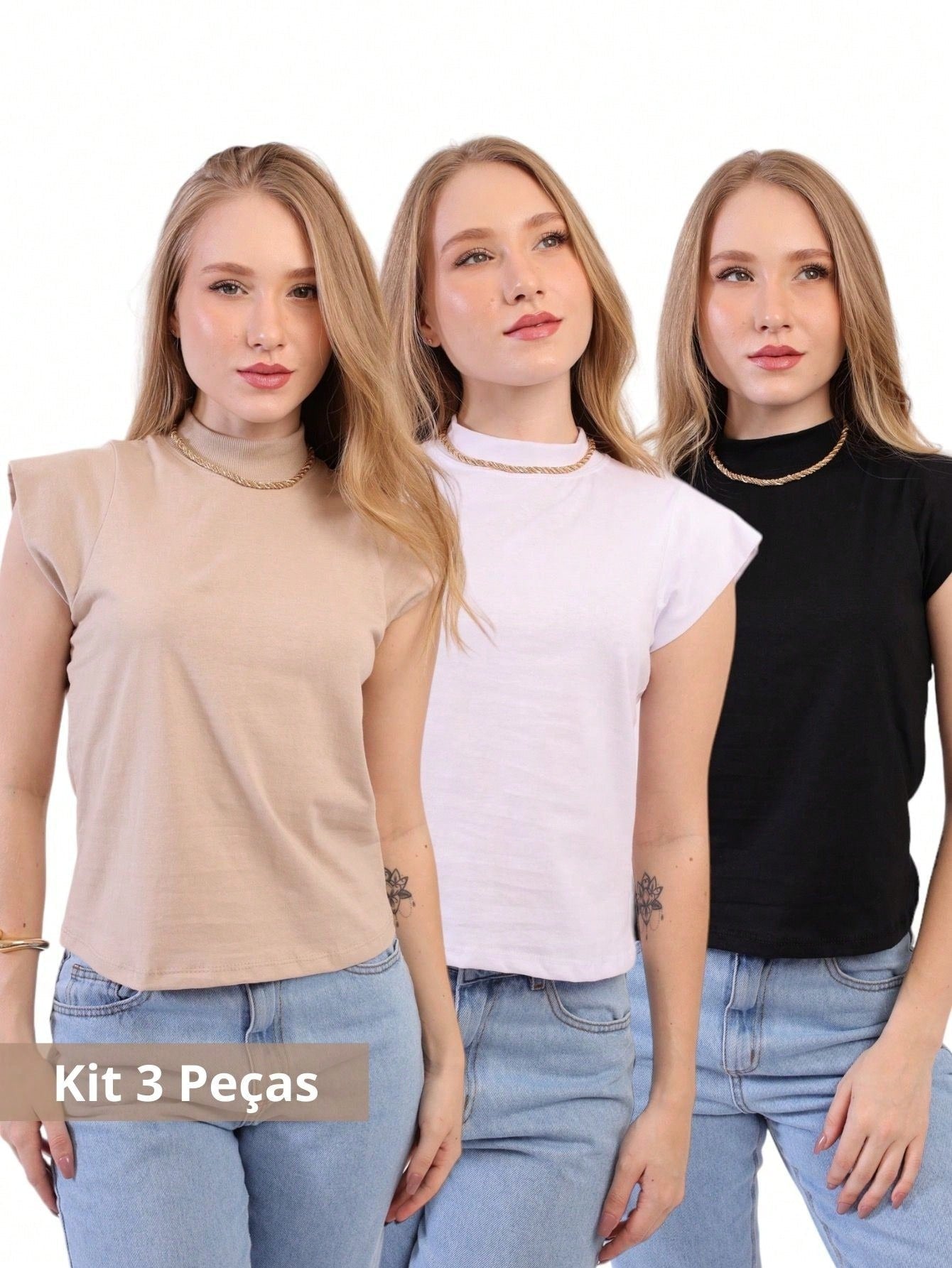 kit 3 T Shirt Muscle tee blusa gola alta feminina manga curta camiseta básica lisa preta branca nude