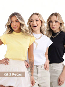 kit 3 T Shirt Muscle tee blusa gola alta feminina manga curta camiseta básica lisa preta branca nude