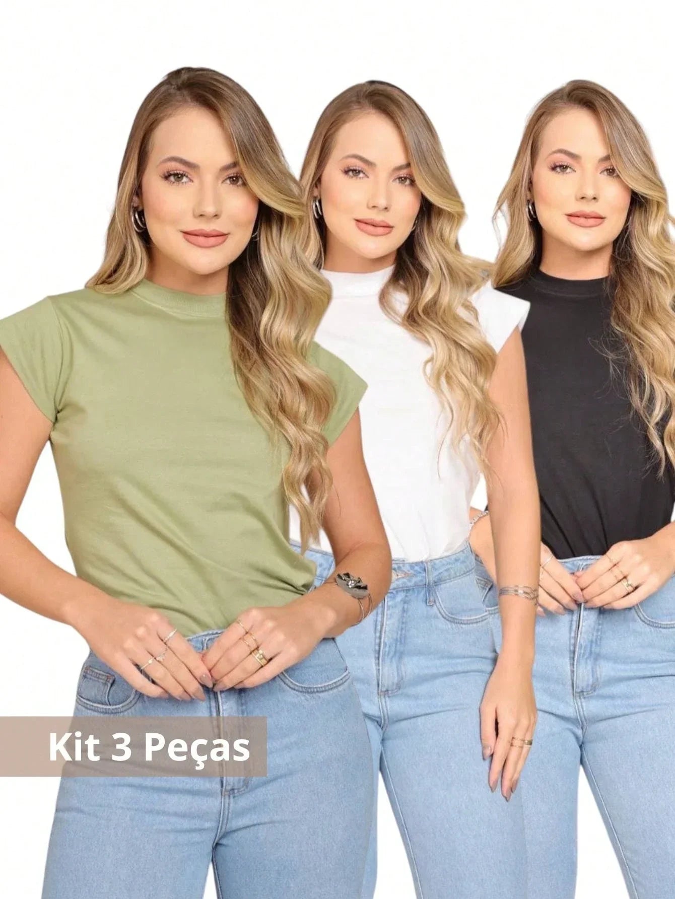 kit 3 T Shirt Muscle tee blusa gola alta feminina manga curta camiseta básica lisa preta branca nude
