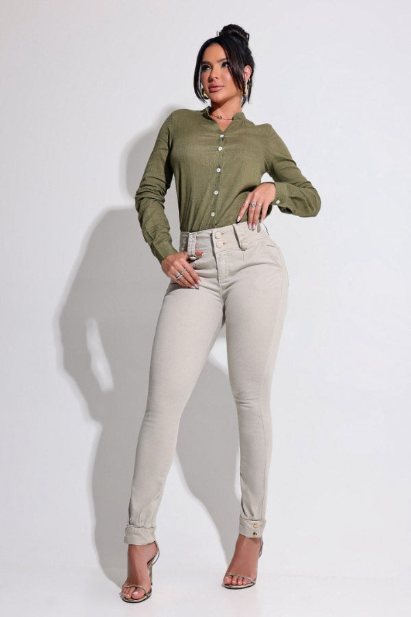 Calça Jeans Feminina Modeladora Nude Detalhe Barra - CH94