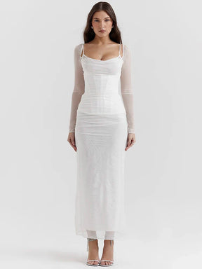 Vestido Longo com Espartilho em Camada Dupla de Tule Modern Luxury - Manga Longa - GOLDEN ERA