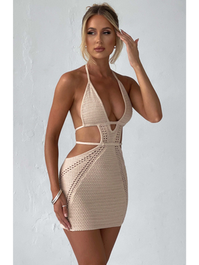 Vestido Curto Crochê Bege Premium Modern Arabella - OÁSIS