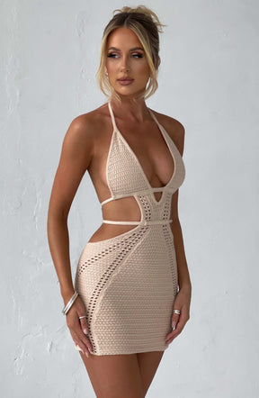 Vestido Curto Crochê Bege Premium Modern Arabella - OÁSIS